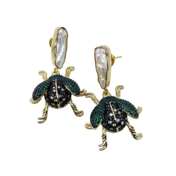 Gold and Green Rhinestone Scarab Beetle Bug Earrings Agate Black Statement - Picture 1 of 4